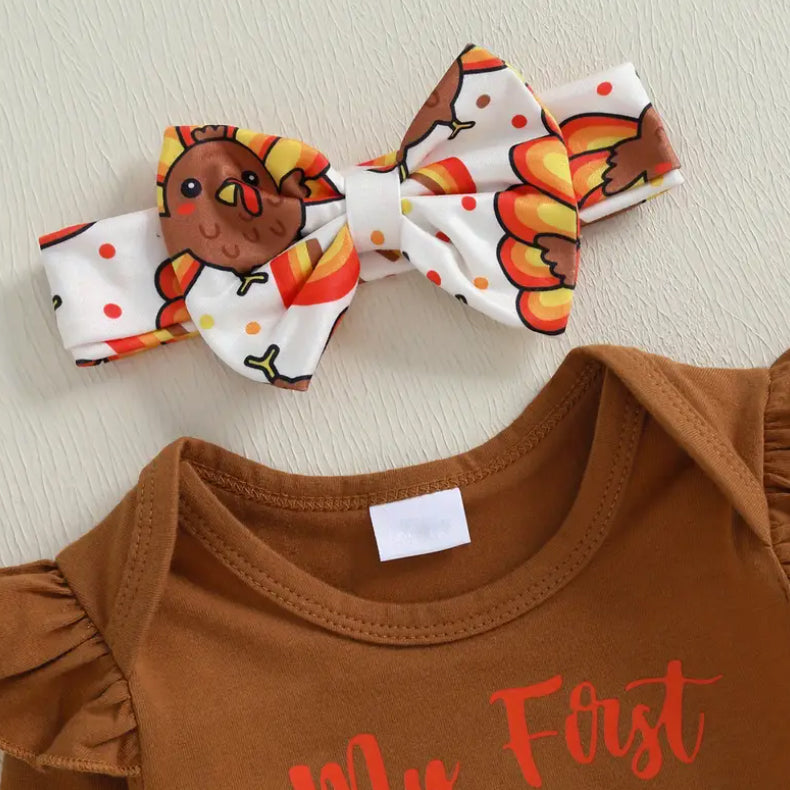 4PCS My First Thanksgiving Letter Turkey Print Long Sleeve Baby Set