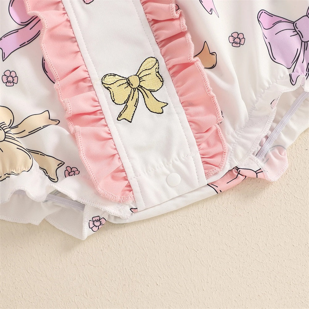 2PCS Cute Bow Printed Frill Trim Short Sleeve Baby Romper