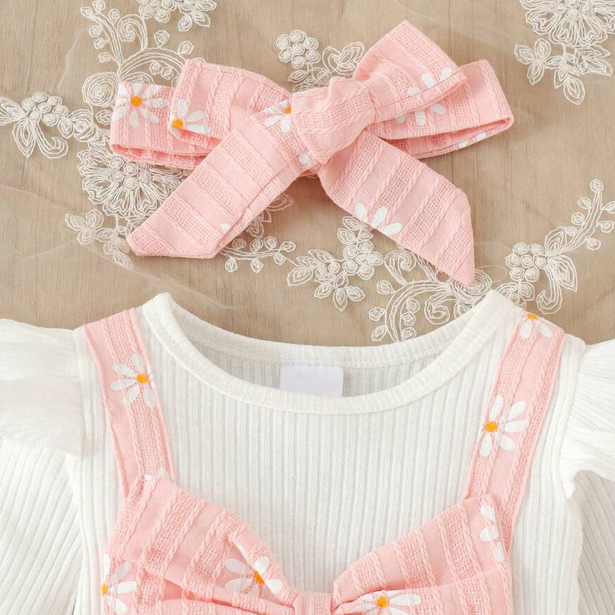 2PCS Daisy Print Faux Two-Piece Long Sleeve Baby Girl Jumpsuit