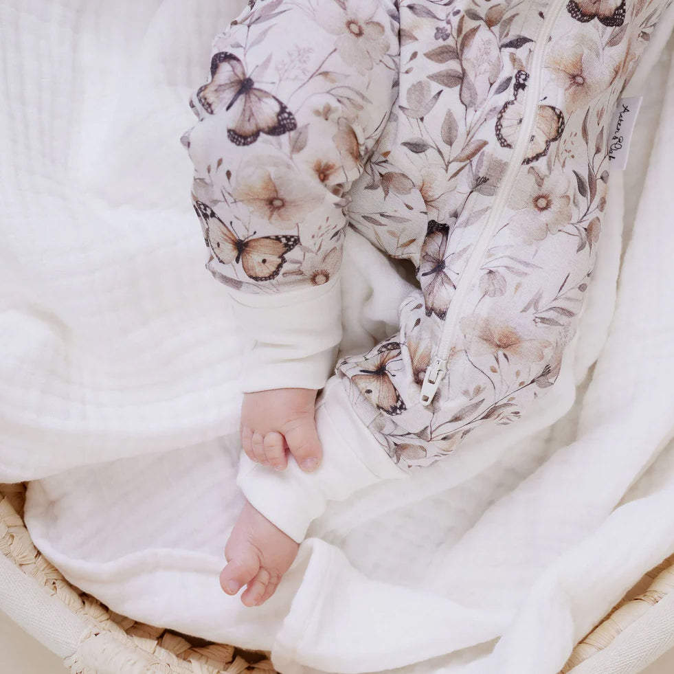 Sweet Butterfly Floral Print Long Sleeve Zipper Baby Jumpsuit
