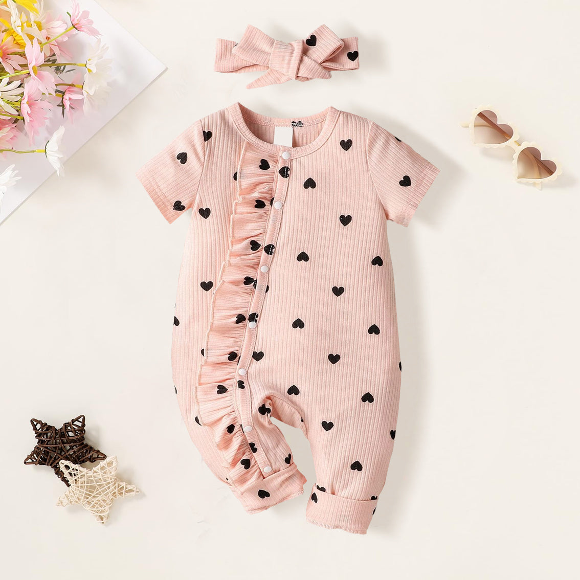 2PCS Love Heart Printed Short Sleeve Baby Jumpsuit