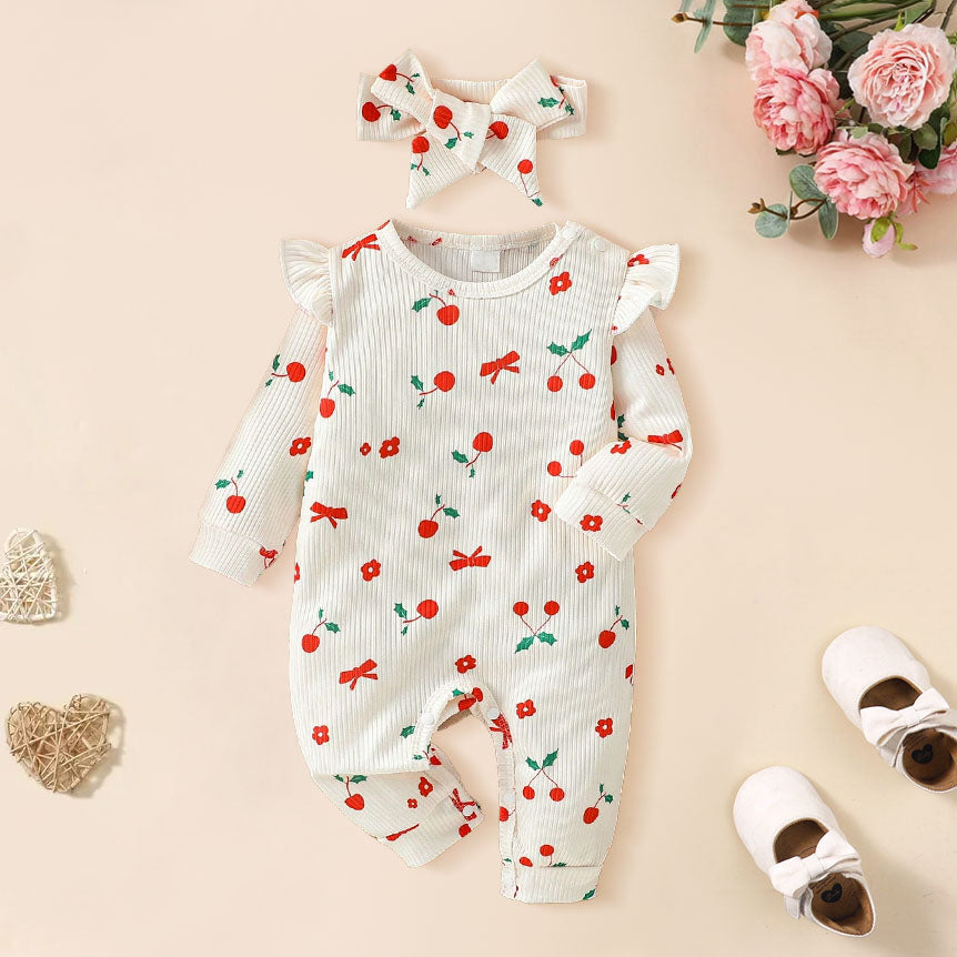 2PCS Cherry Print Long Sleeve Baby Girl Jumpsuit