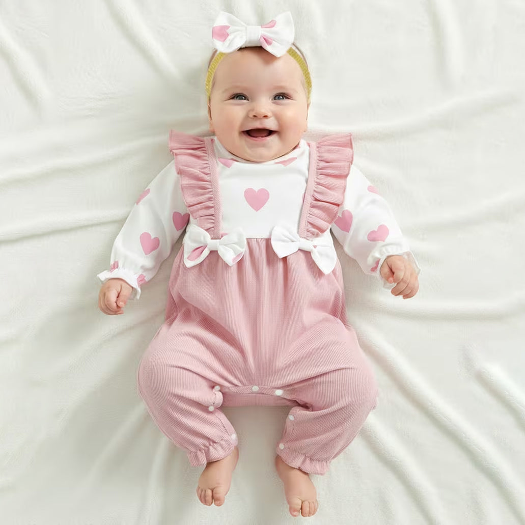 2PCS Lovely Baby Girl Heart Print Faux Two Piece Jumpsuit