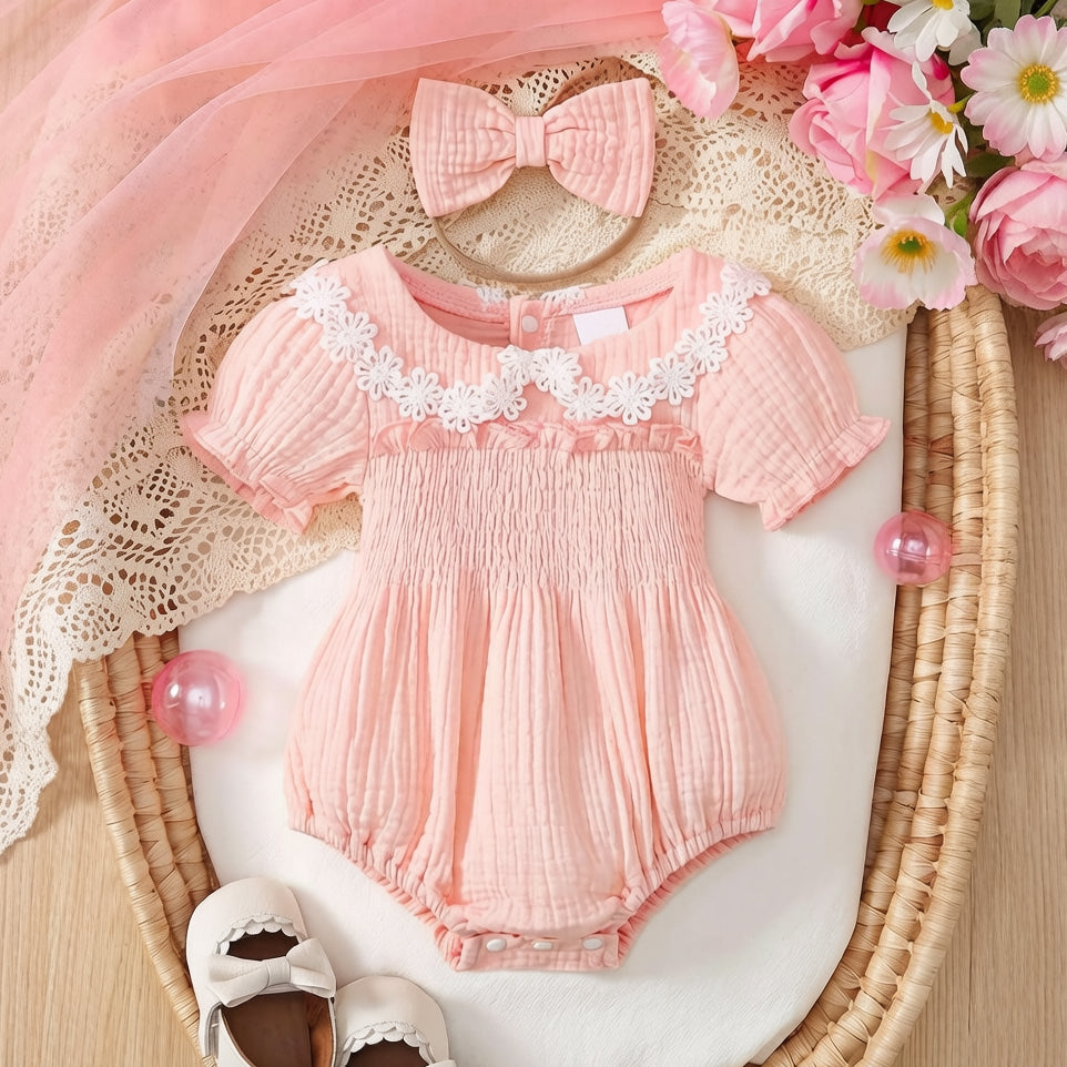 2PCS Sweet Solid Color Floral Appliqué Puff Sleeve Baby Romper