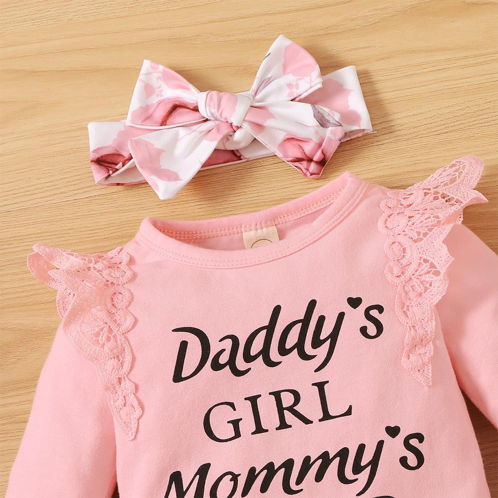 3PCS Daddy's Girl Mommy's World Letter Floral Print Long Sleeve Baby Set