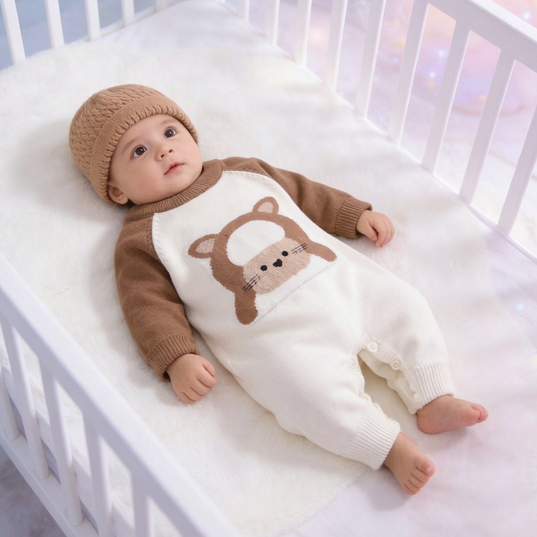 2PCS Cartoon Lamb Print Knit Long Sleeve Baby Jumpsuit