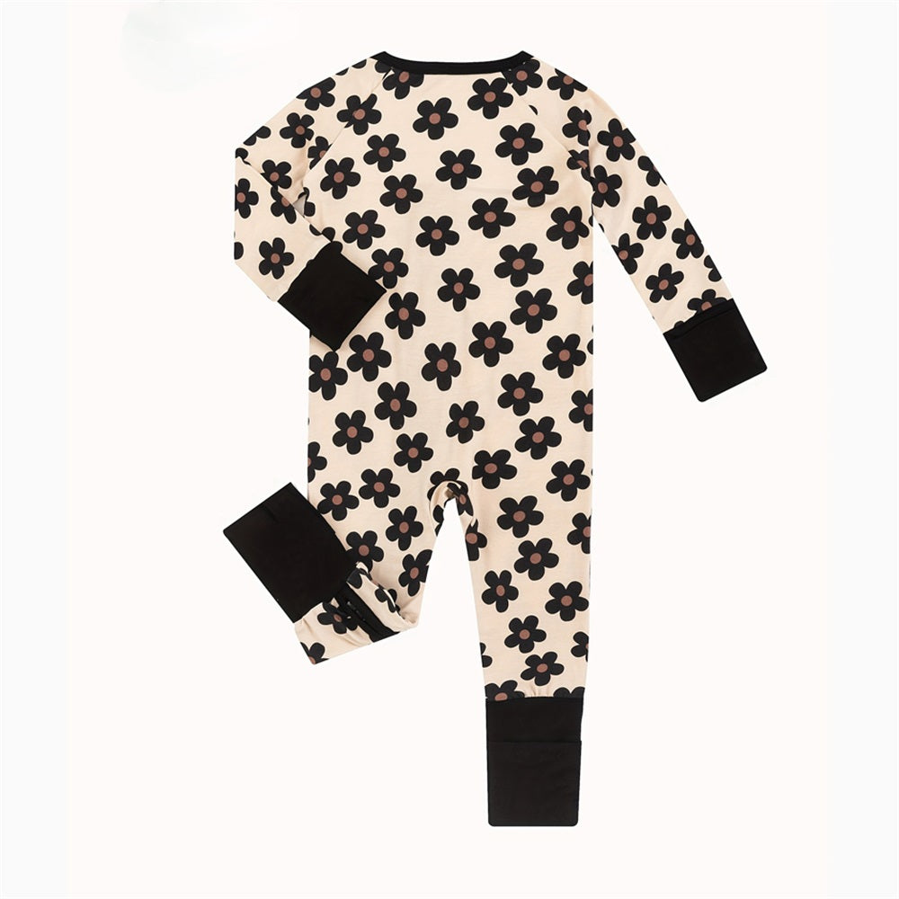 Cute Floral Print Long Sleeve Zipper Baby Jumpsuit