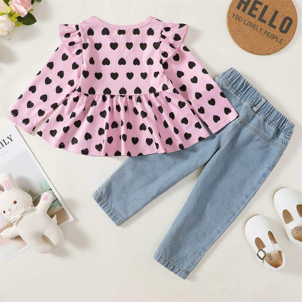 2PCS Heart Print Long Sleeve Top Jeans Pants Baby Set