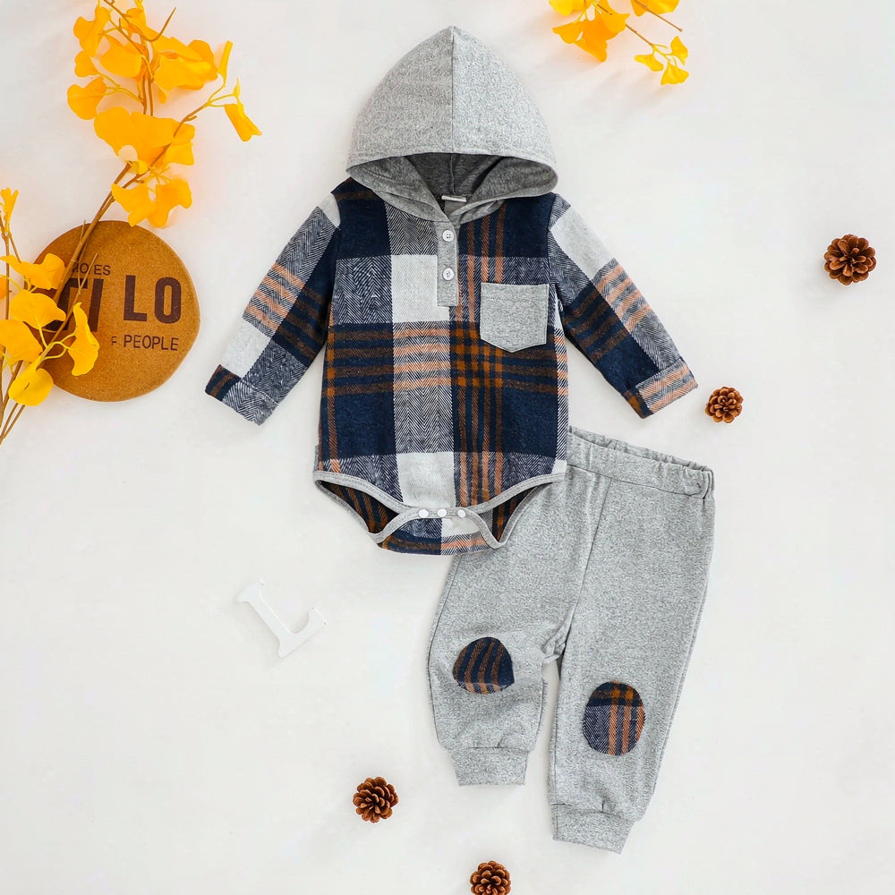 2PCS Cozy Plaid Print Long Sleeve Hoodie Baby Boy Set