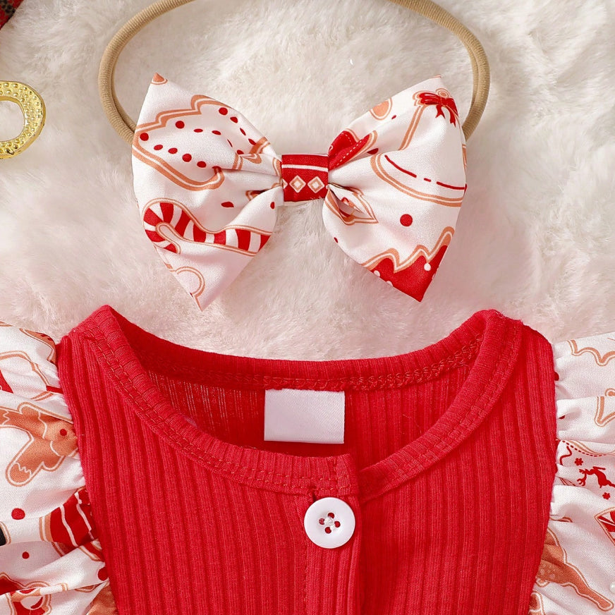 3PCS Gingerbread Christmas Elements Printed Baby Romper