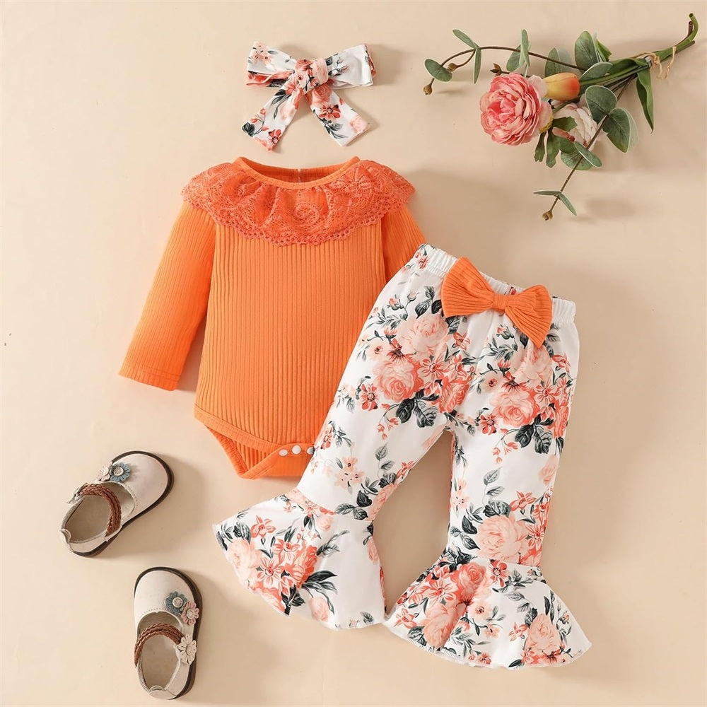 3PCS Floral Print Lace Collar Long Sleeve Baby Girl Set