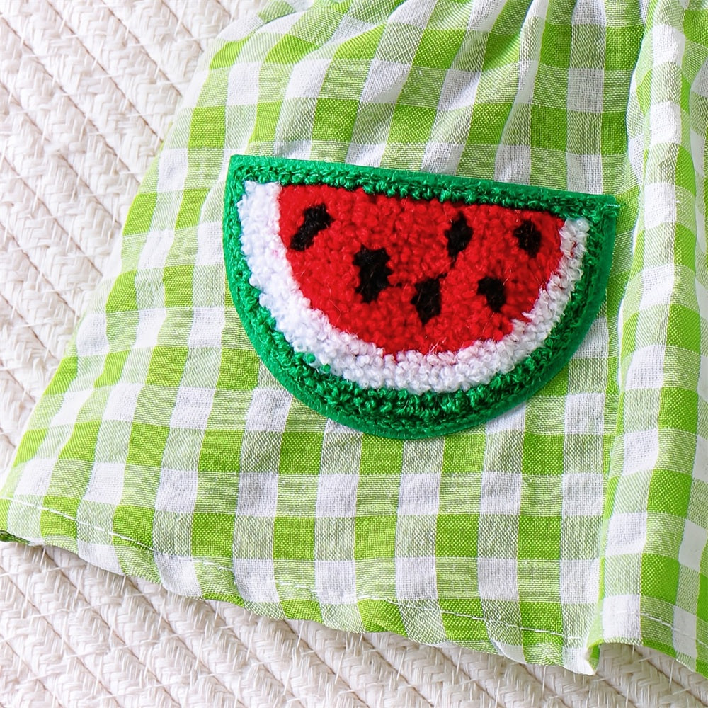 2PCS Watermelon Appliqué Plaid Print Flutter Sleeve Baby Set