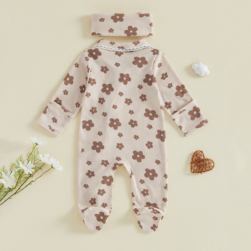 2PCS Adorable Allover Floral Printed Zipper Baby Jumpsuit