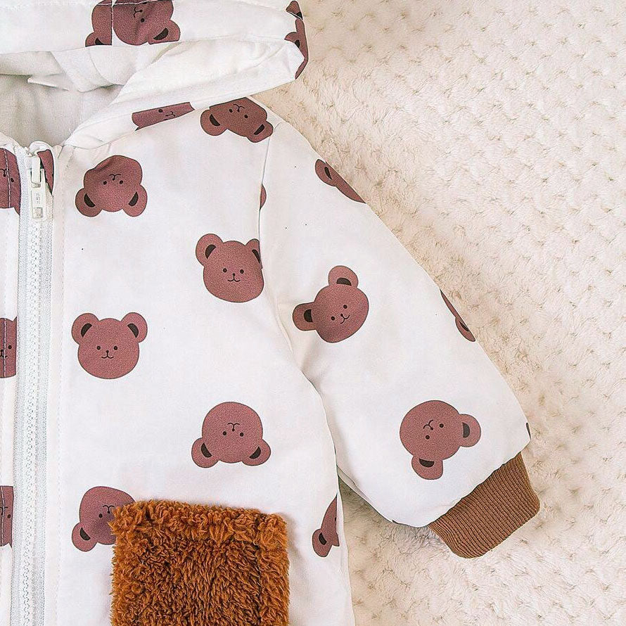 Cozy All-Over Bear Printed Hoodie Long Sleeve Baby Jumpsuit