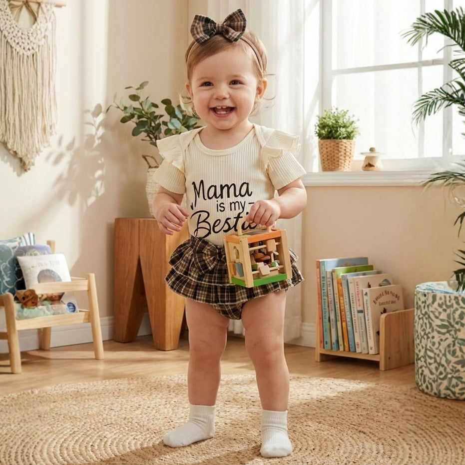 3PCS Mama Is My Bestie Letter Plaid Print Short Sleeve Baby Set
