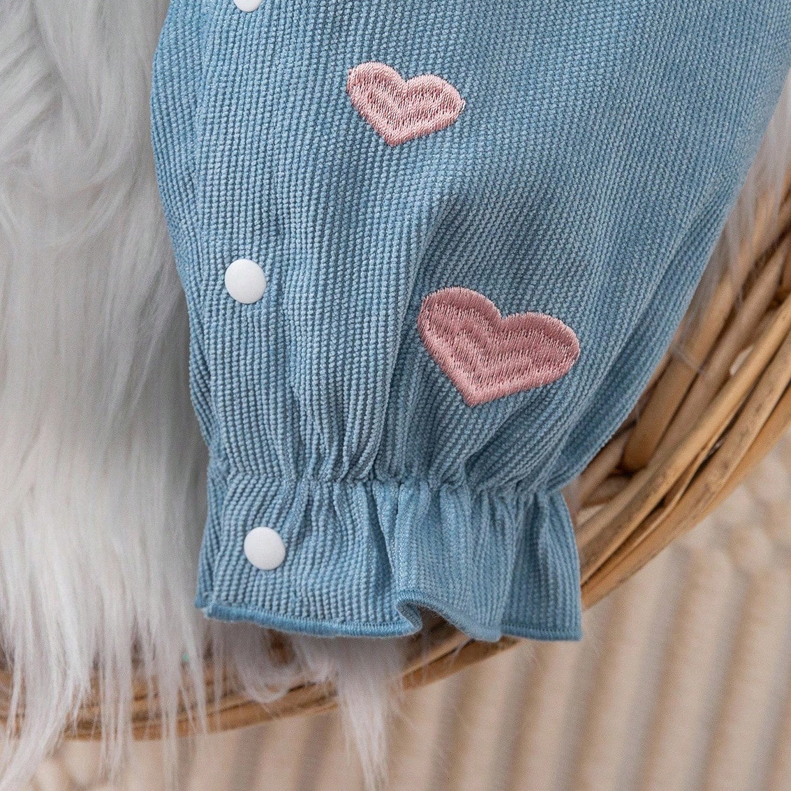 2PCS Cute Faux Two Piece Heart Embroidery Baby Girl Corduroy Jumpsuit