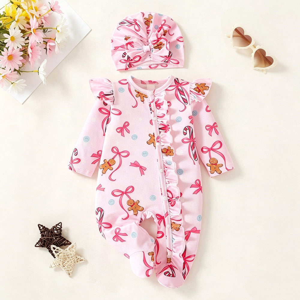 2PCS Gingerbread Man Bow Print Long Sleeve Baby Zipper Jumpsuit