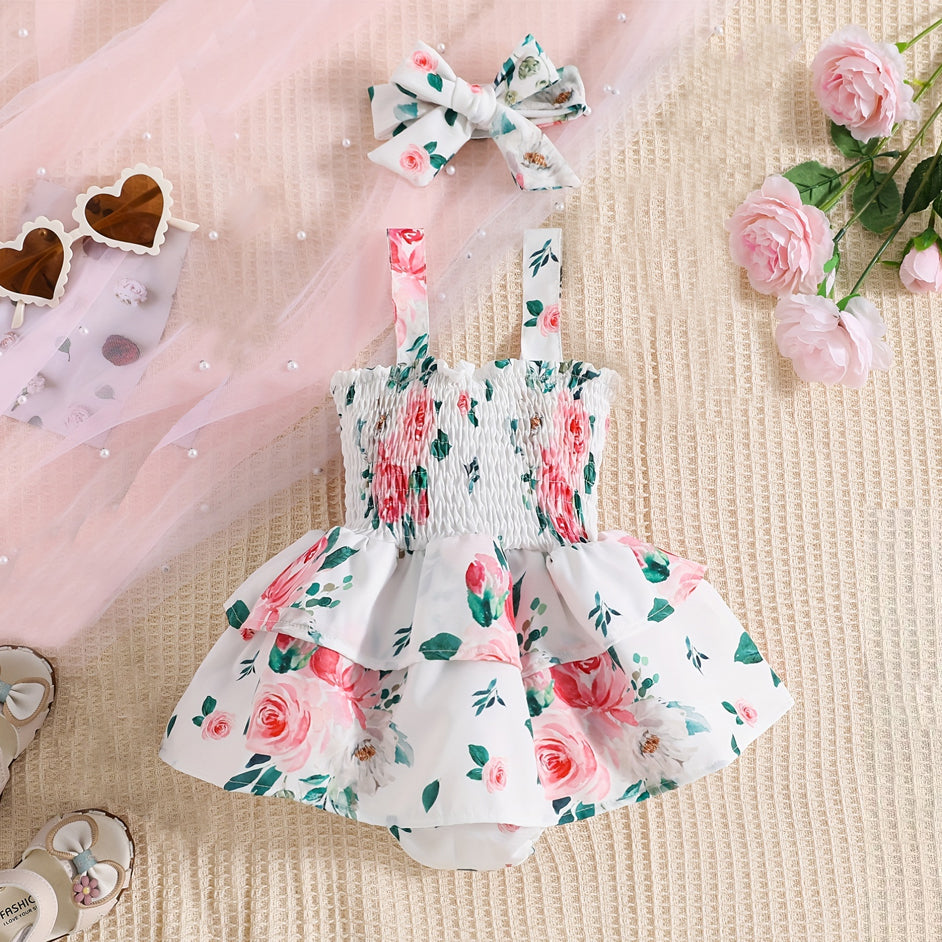 2PCS Lovely Floral Printed Sleeveless Baby Girl Romper