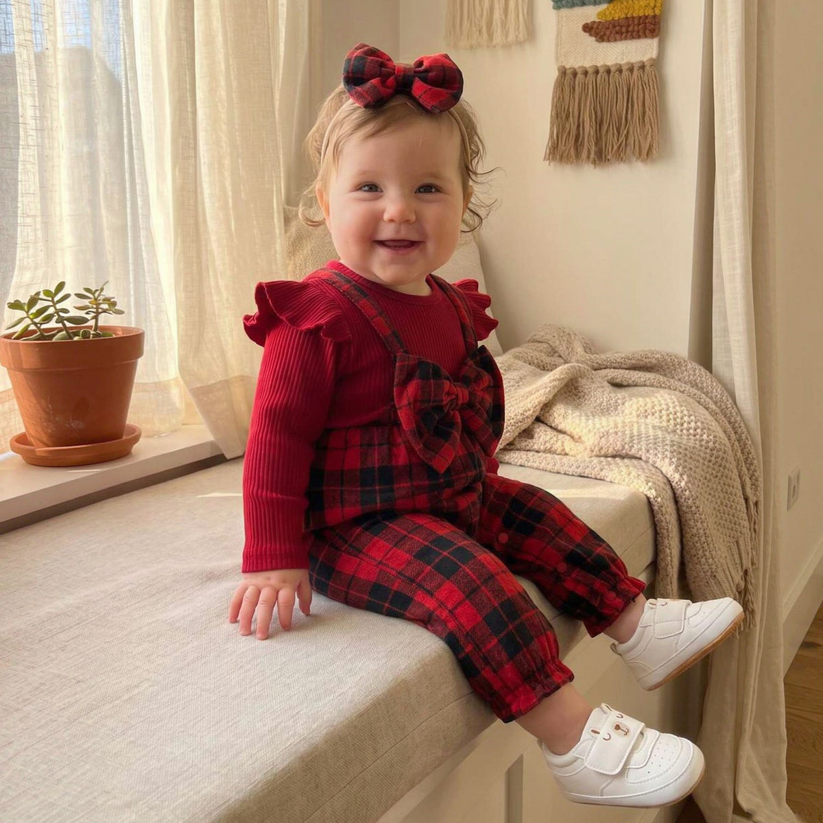 2PCS Precious Plaid Printed Bow Long Sleeve Baby Jumpsuit