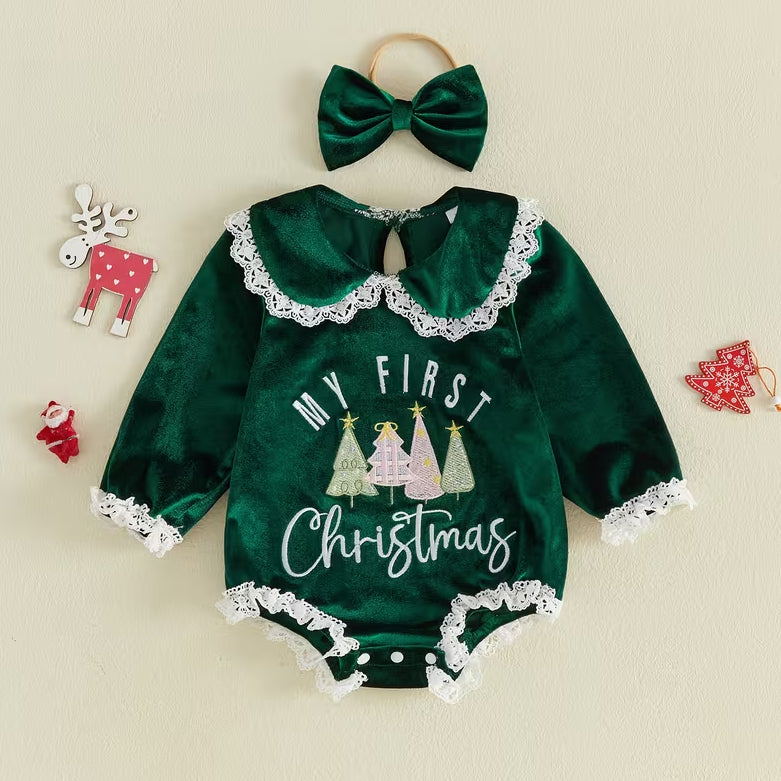2PCS Chic My 1st Christmas Letter Tree Embroidered Baby Girl Velvet Romper