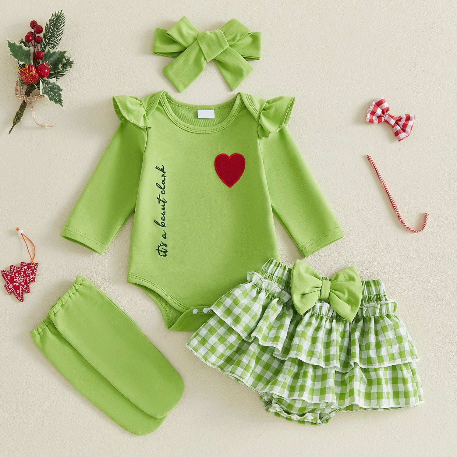 4PCS It's A Beaut Clark Letter Plaid Printed Long Sleeve Christmas Baby Set