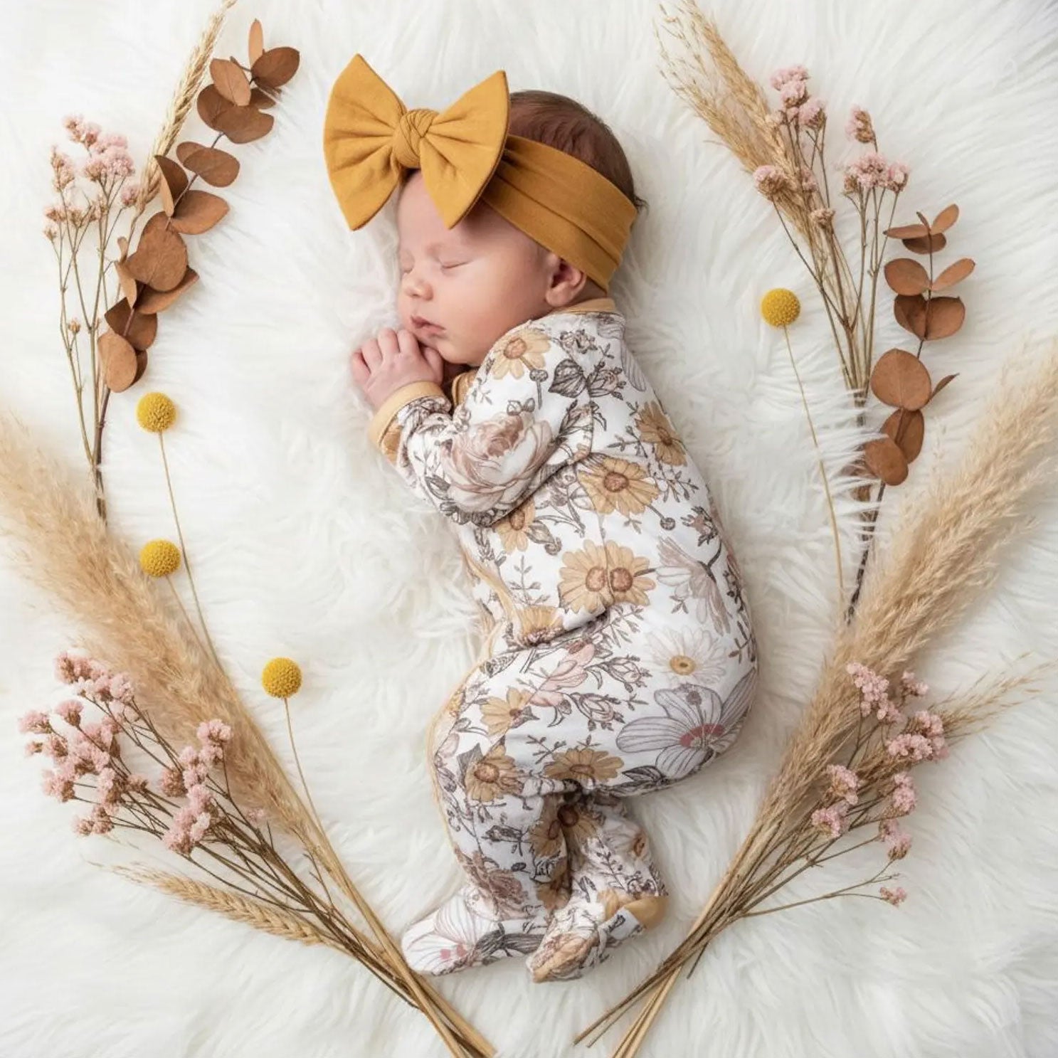 Elegant Floral Print Long Sleeve Baby Zipper Jumpsuit