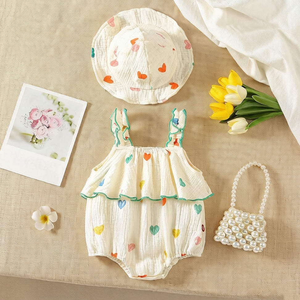 2PCS Fresh Heart Print Sleeveless With Hat Baby Romper