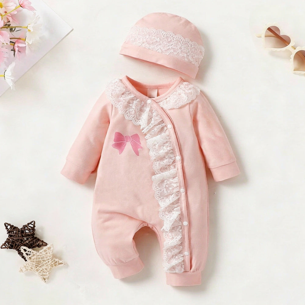 2PCS Sweet Bow Print Lace Trim Long Sleeve Baby Girl Jumpsuit