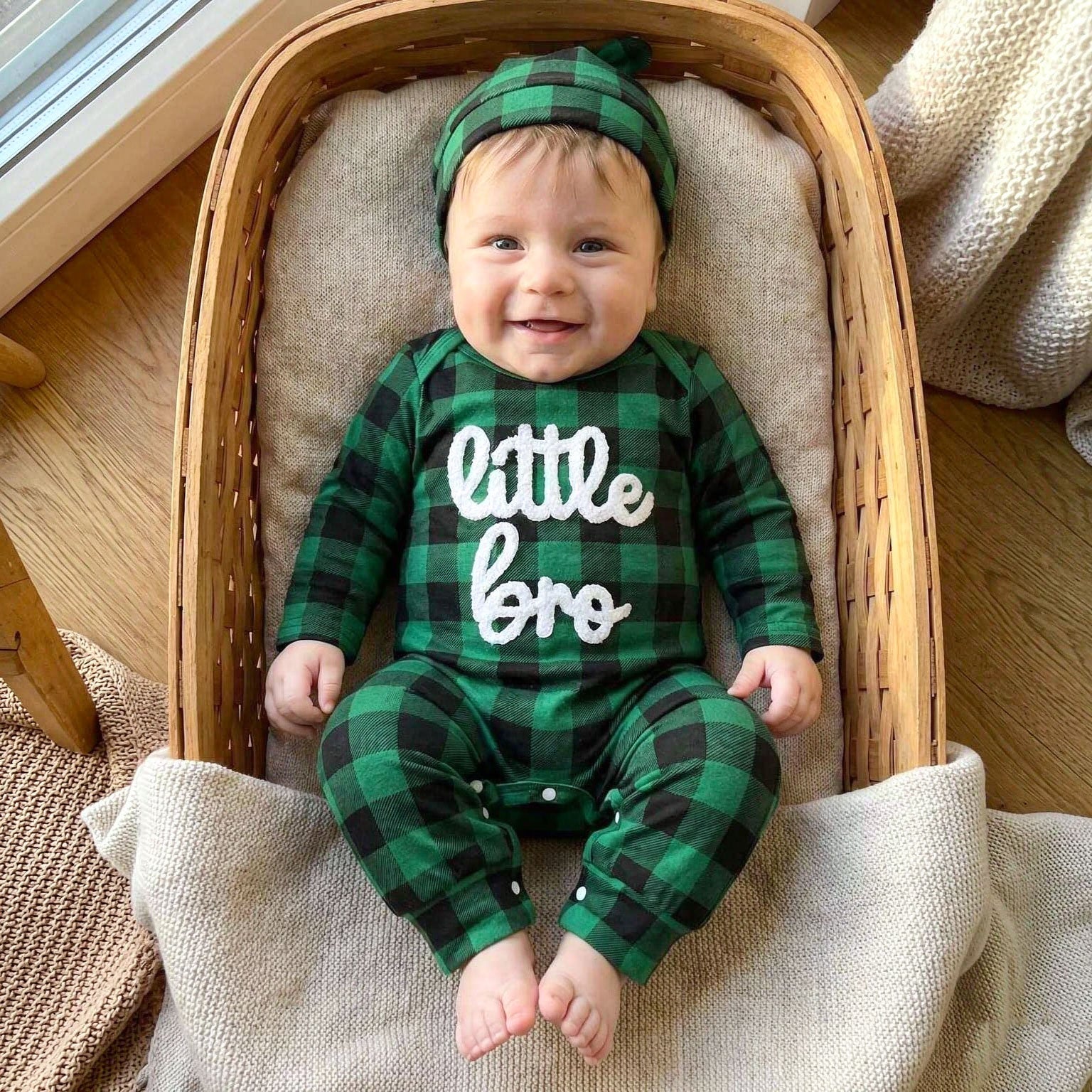 2PCS Little Bro Letter Plaid Printed Long Sleeve Baby Jumpsuit