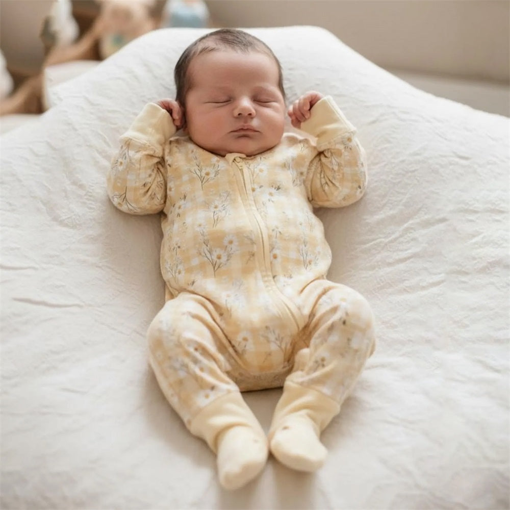 Casual Floral Printed Plaid Long Sleeve Zipper Baby Jumpsuit