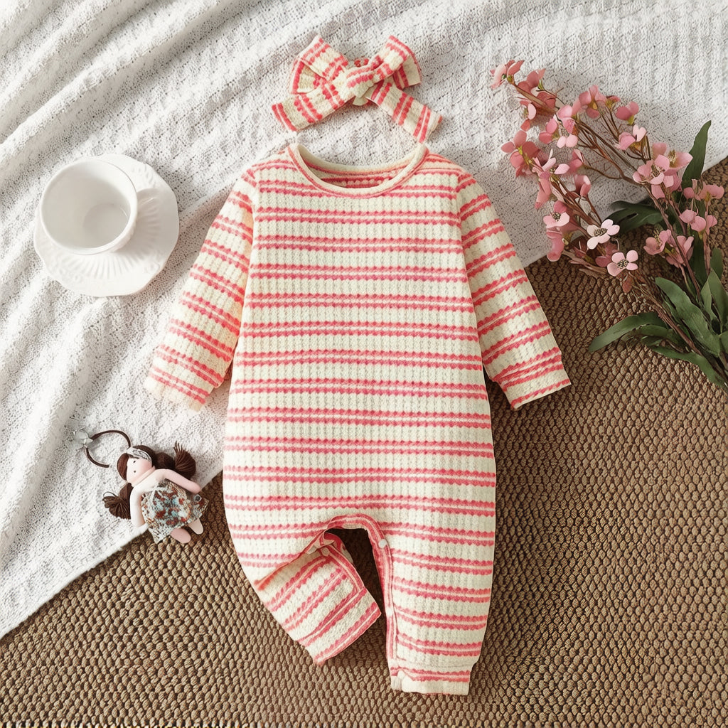 2PCS Stripe Print Waffle Weave Long Sleeve Baby Jumpsuit