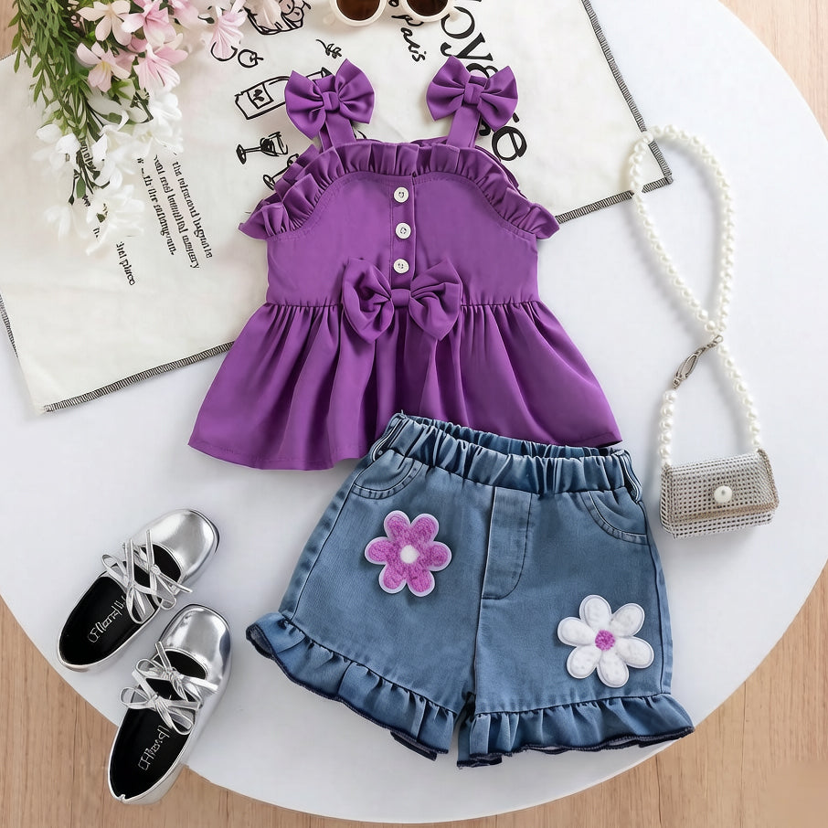 2PCS Floral Appliqué Color Blocking Denim Baby Set