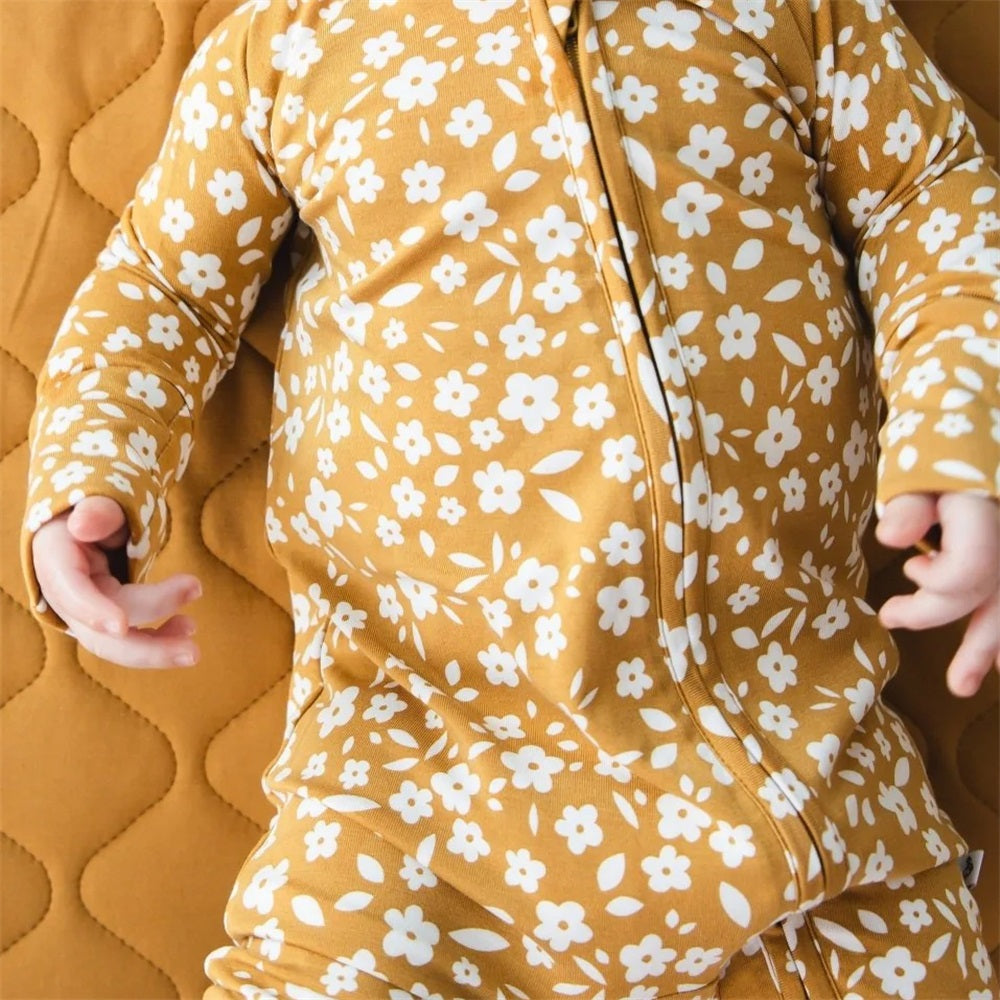 2PCS Allover Floral Print Long Sleeve Zipper Baby Jumpsuit