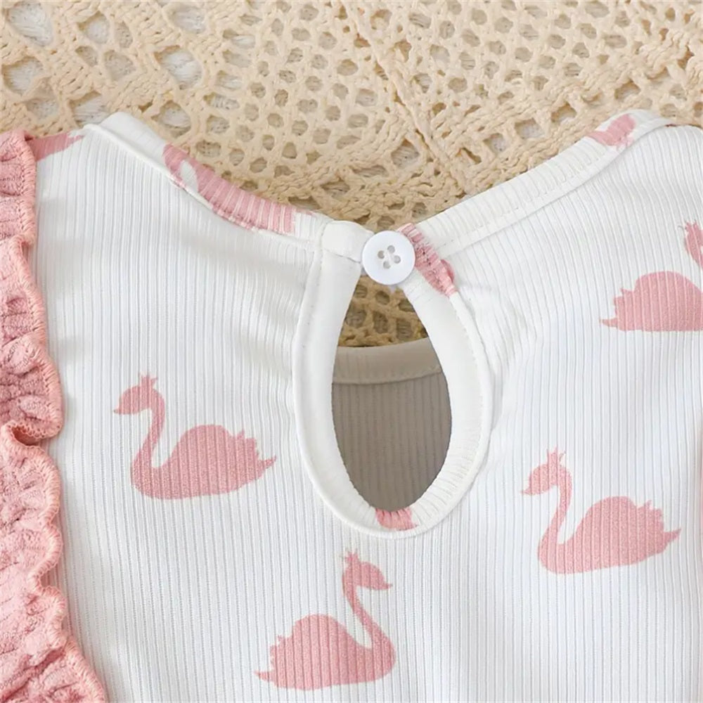 2PCS Cute Cartoon Swan Print Long Sleeve Baby Jumpsuit