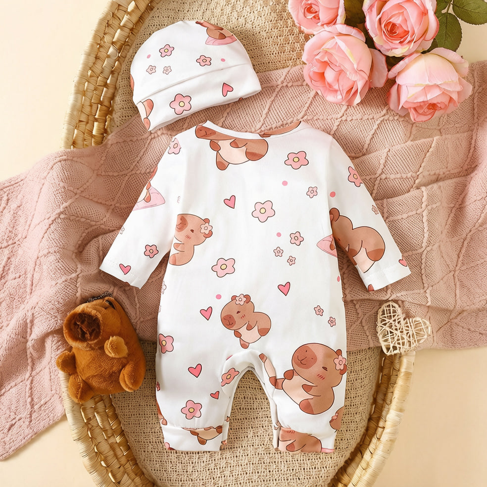 2PCS Lovely Capybara and Floral Print Long Sleeve Baby Jumpsuit