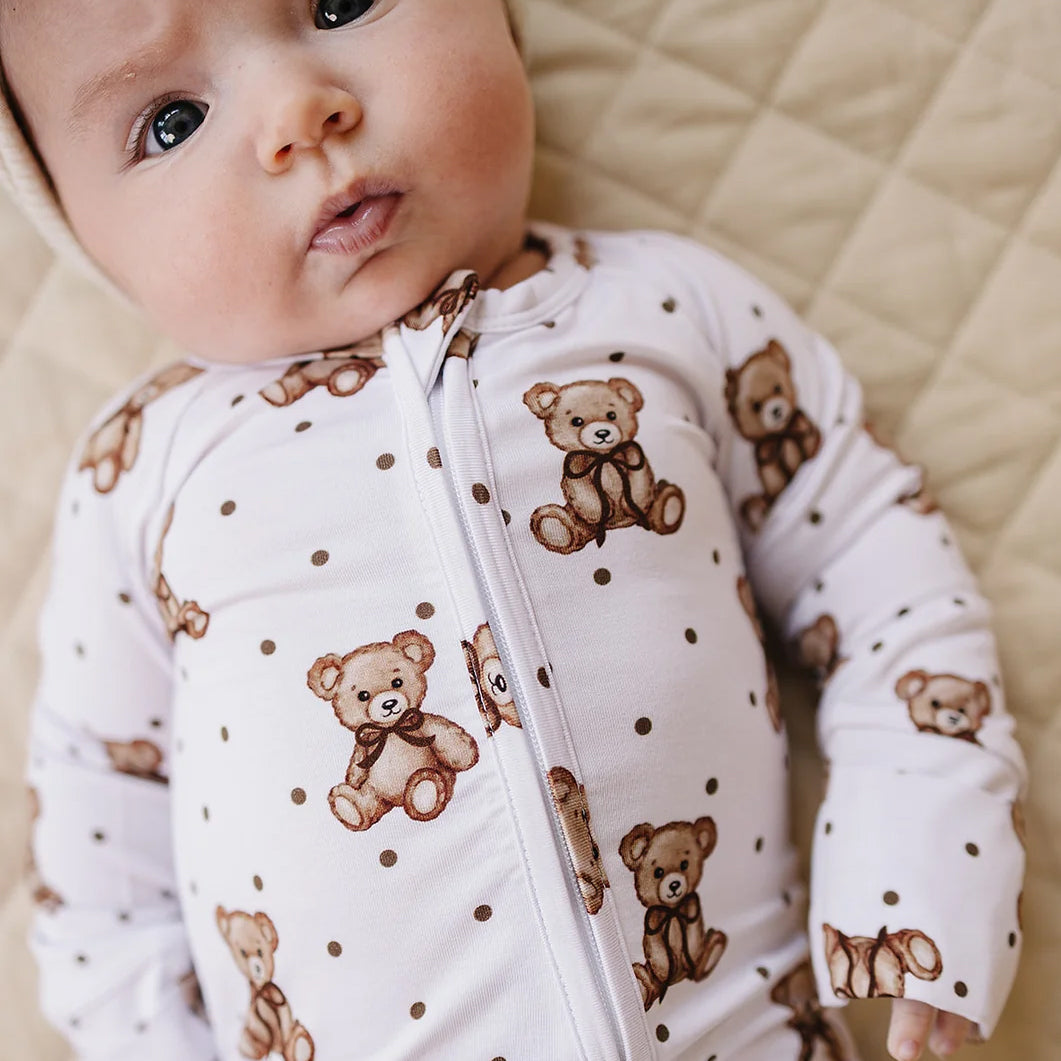 Cozy Teddy Bear Polka Dots Print Zipper Long Sleeve Baby Jumpsuit