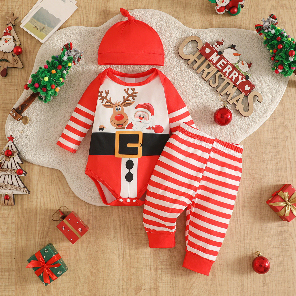 3PCS Christmas Santa and Reindeer Printed Striped Long Sleeve Baby Set