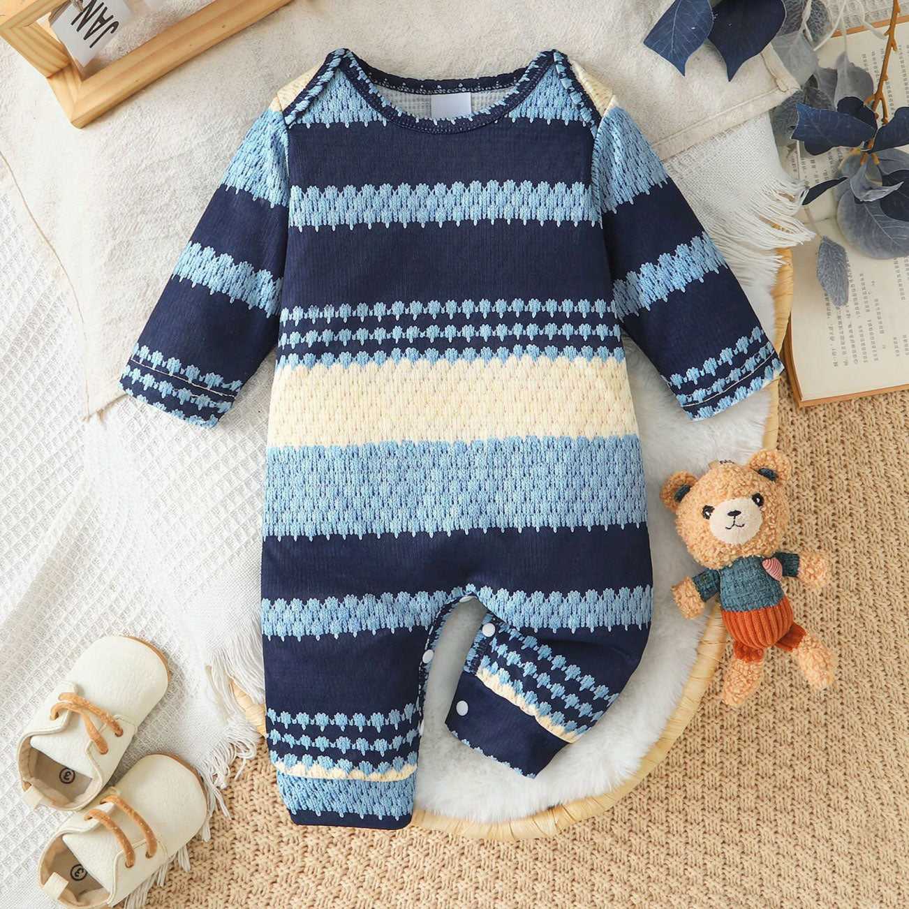 Faux Knit Textured Striped Sawtooth Printed Long Sleeve Baby Jumpsuit