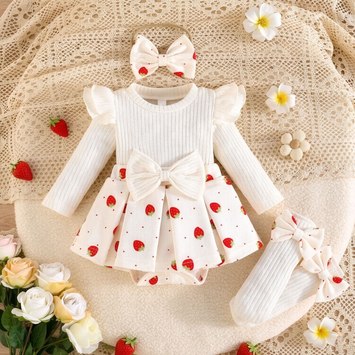 3PCS Cute Strawberry and Polka Dots Printed Long Sleeve Baby Romper