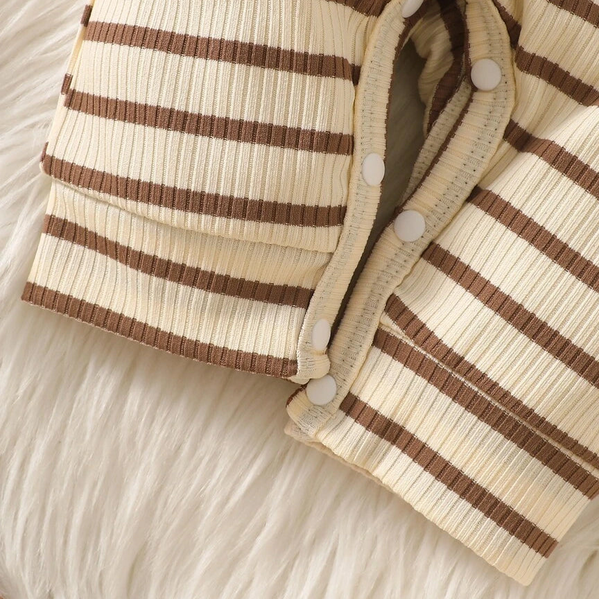 2PCS Cute Bear Applique Stripe Printed Long Sleeve Baby Jumpsuit
