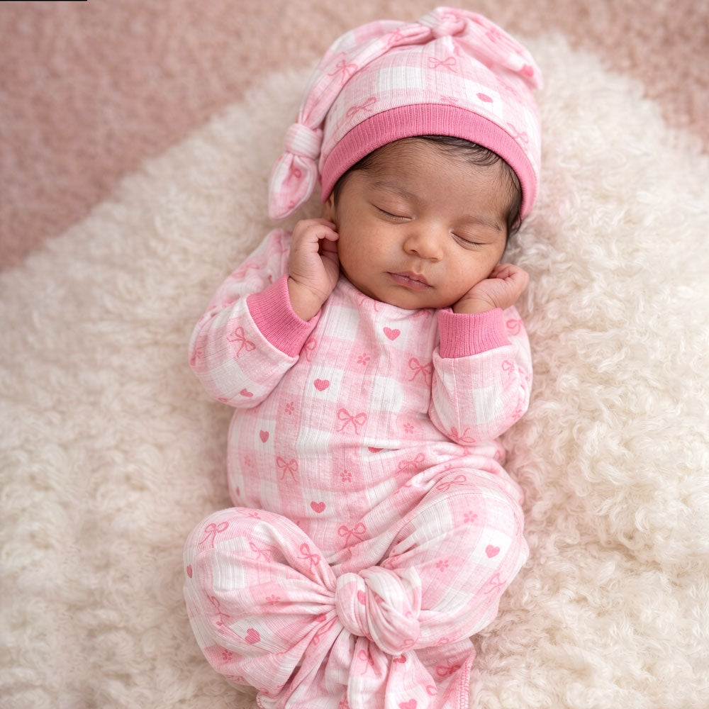 2PCS Sweet Bow and Plaid Printed NewBorn Knotted Baby Gown