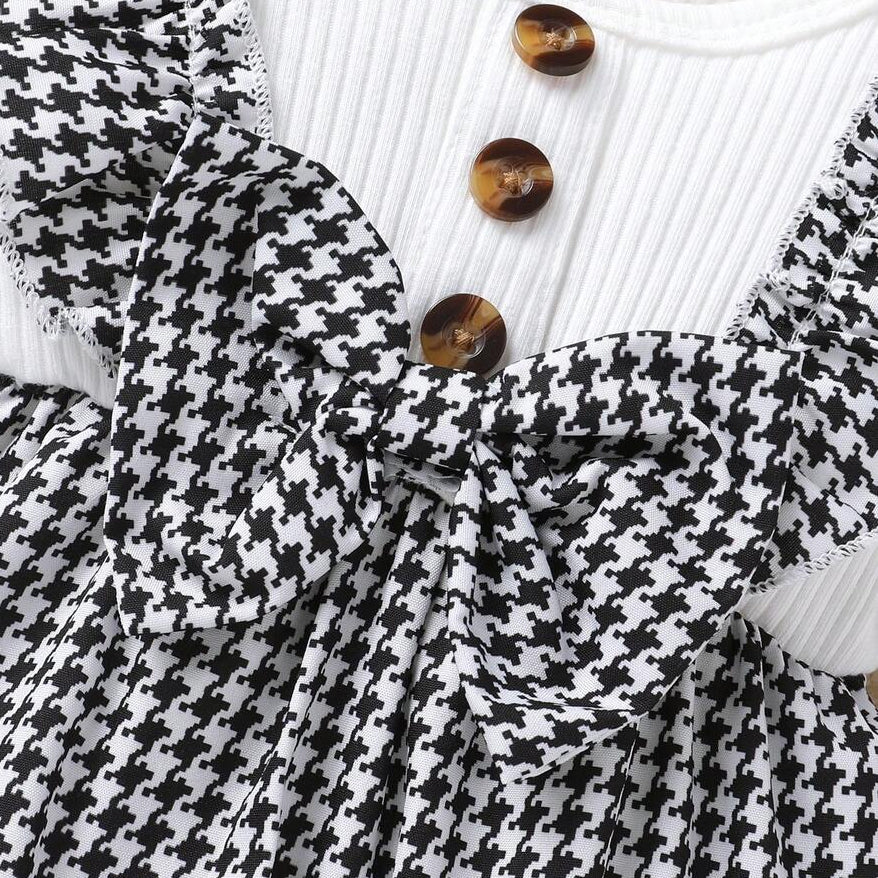2PCS Chic Houndstooth Print Bow Long Sleeve Baby Girl Jumpsuit