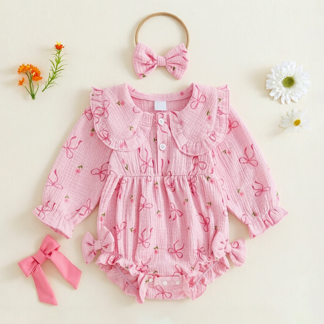 2PCS Adorable Bow Floral Printed Baby Girl Romper