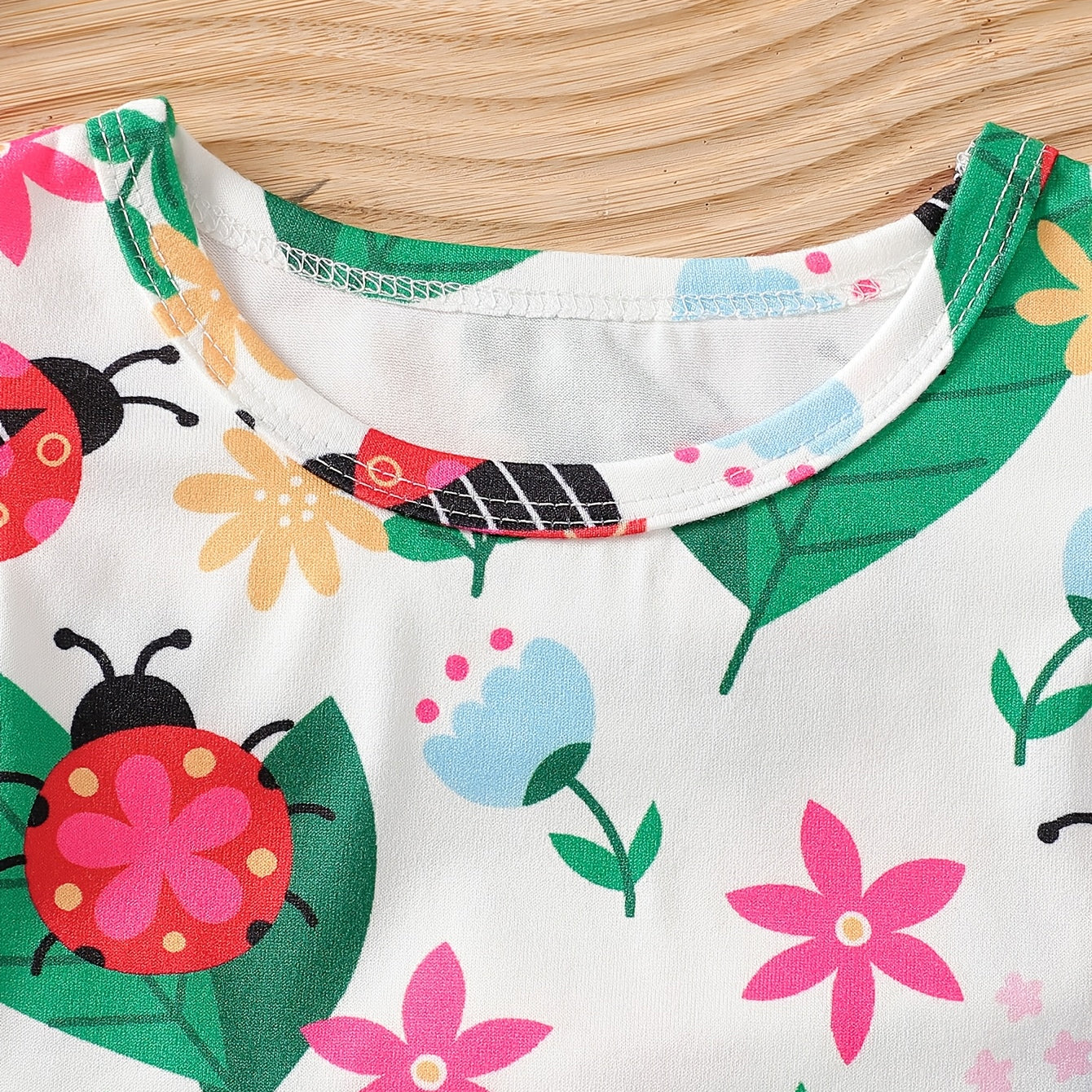 2PCS Cute Ladybug Floral Print Denim Baby Overalls Set