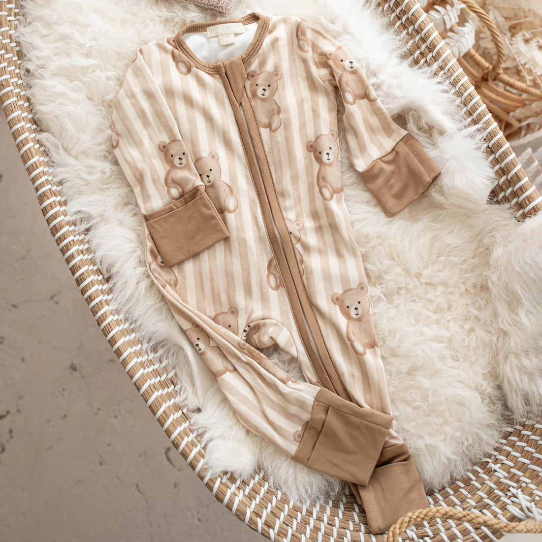 Lovely Teddy Bear & Stripe Print Zipper Long Sleeve Baby Jumpsuit