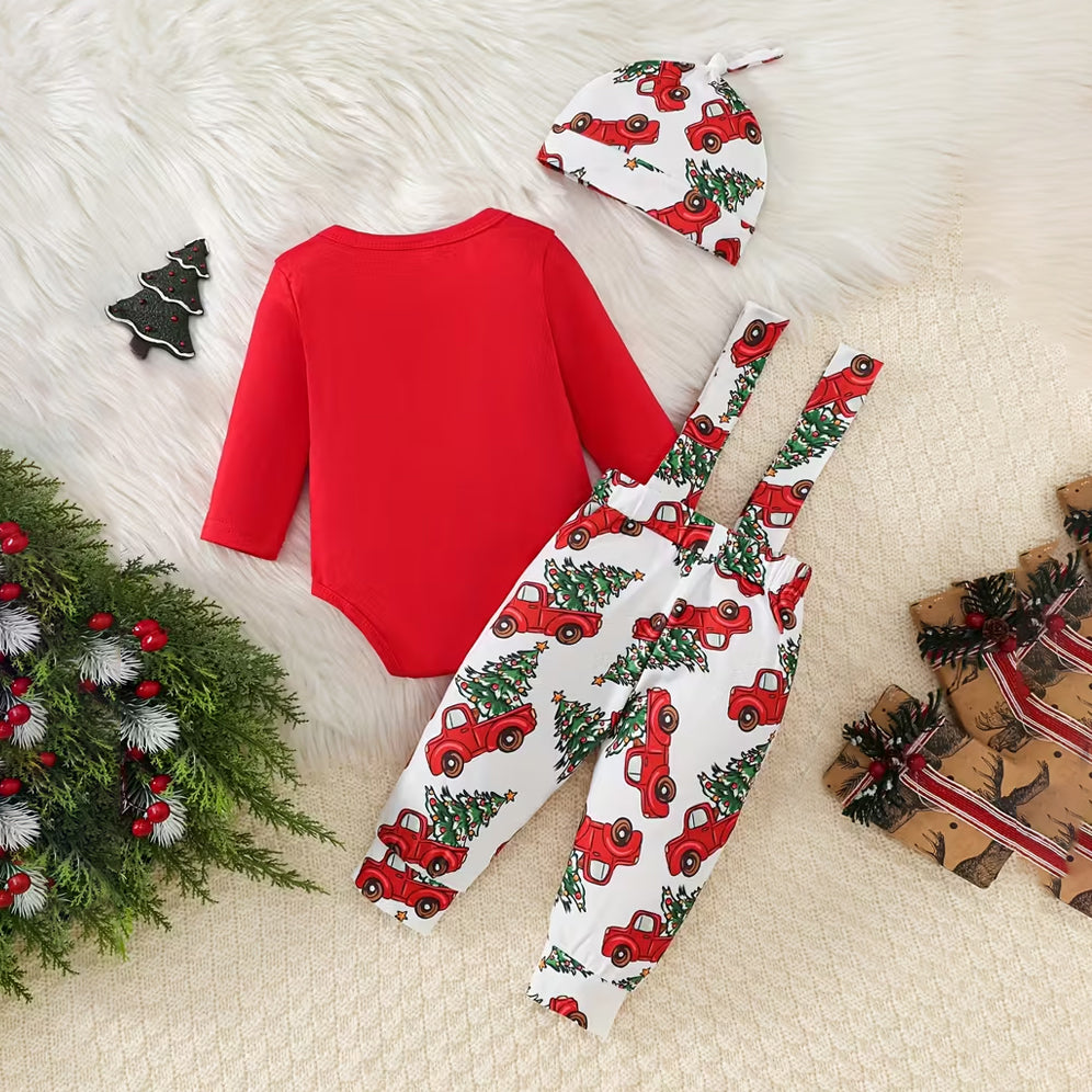 3PCS My First Christmas Letter Car Printed Overalls Baby Set