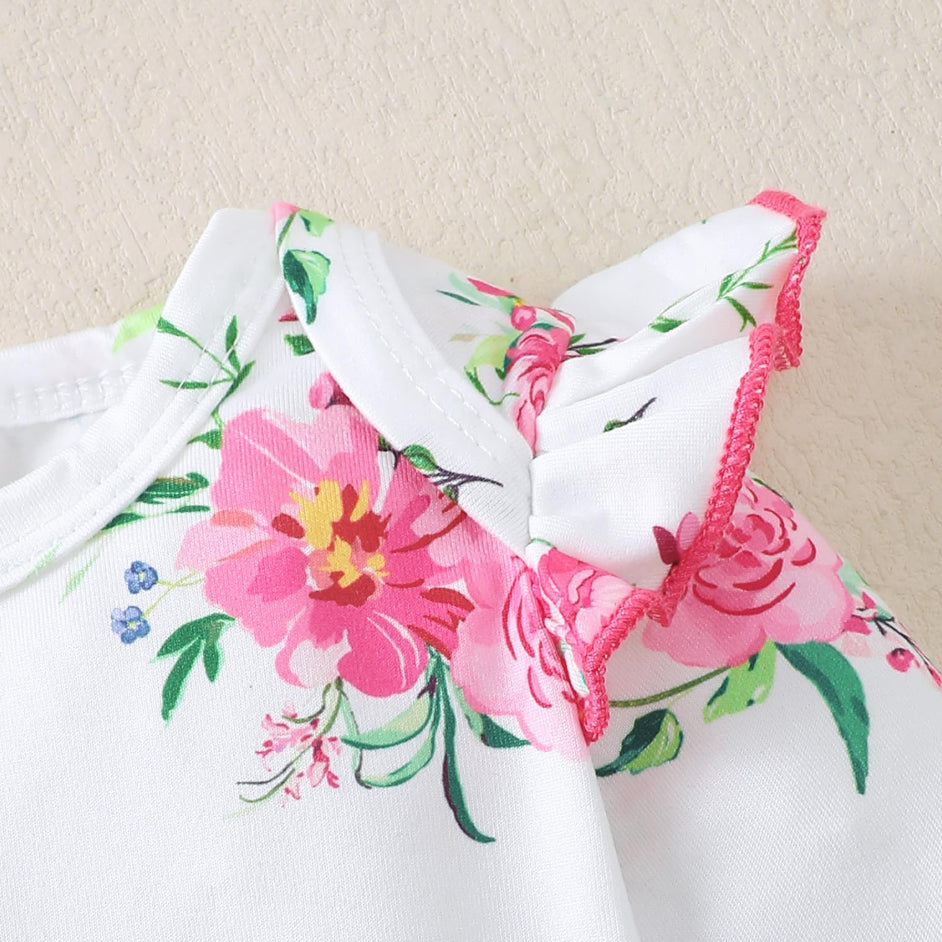 3PCS Pretty Floral Print Ruffle Shoulder Long Sleeve Baby Set