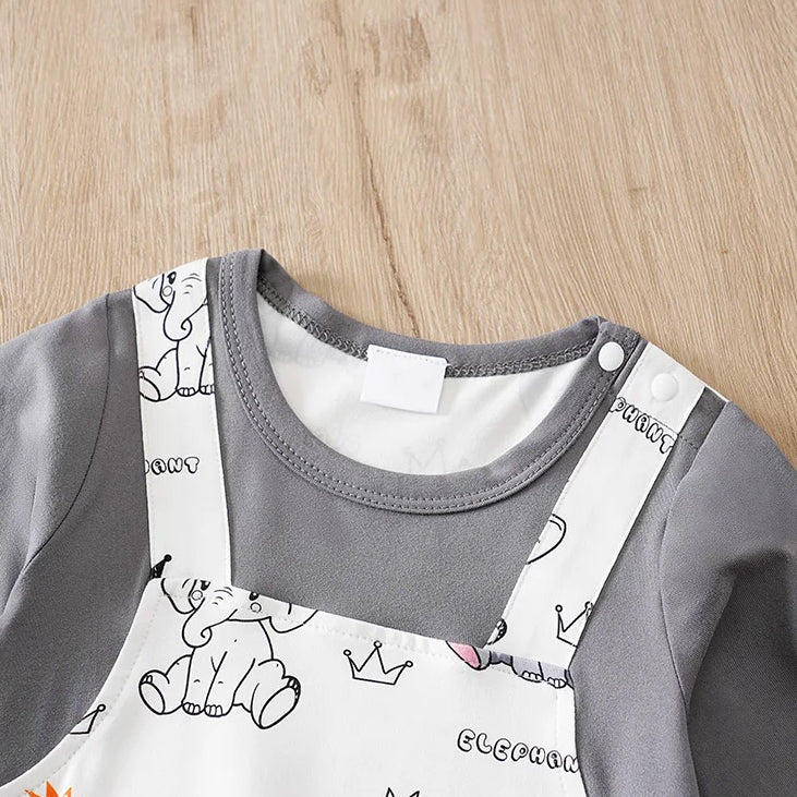 Casual Elephant King Print Long Sleeve Baby Jumpsuit