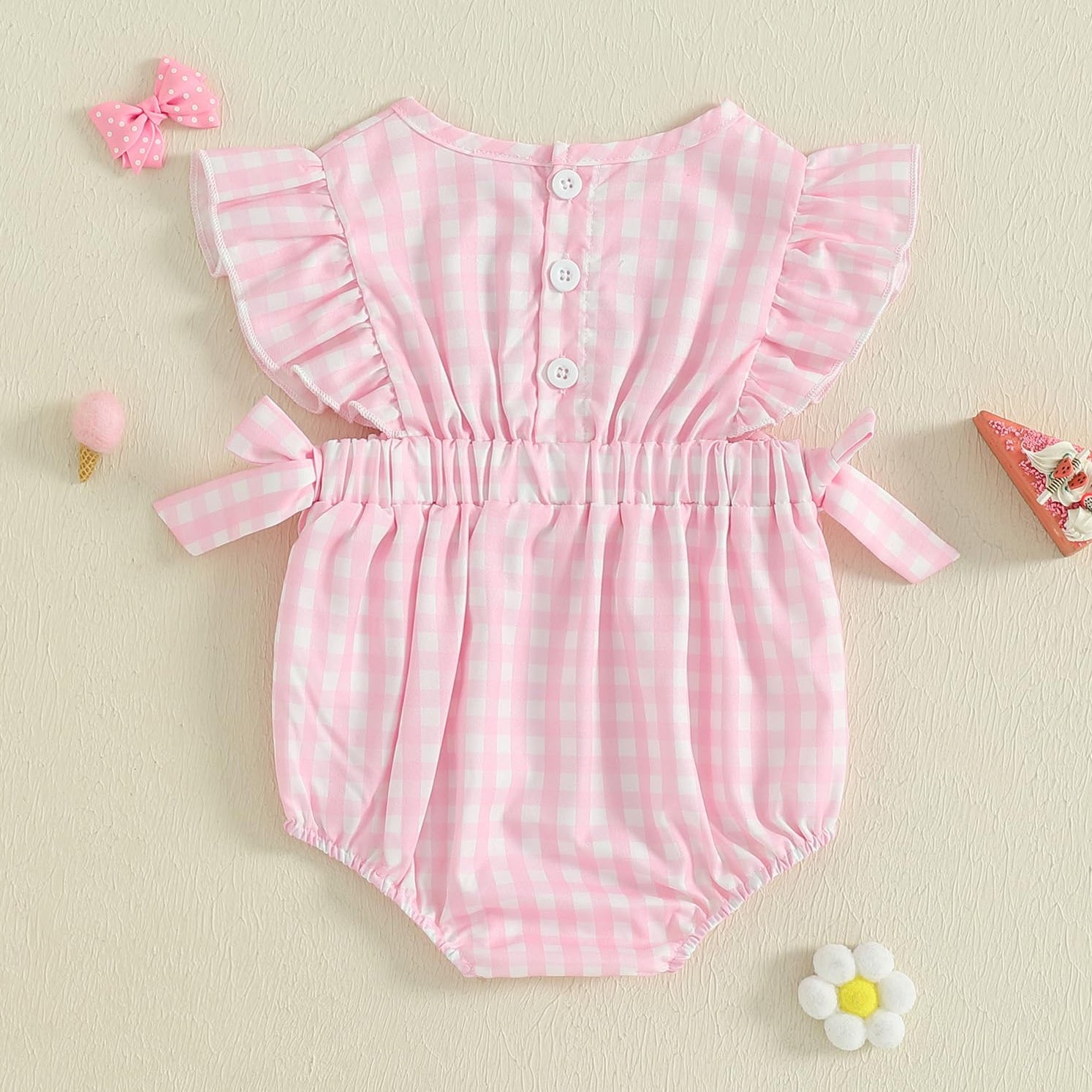 Sweet Bow Embroidery Plaid Printed Baby Romper