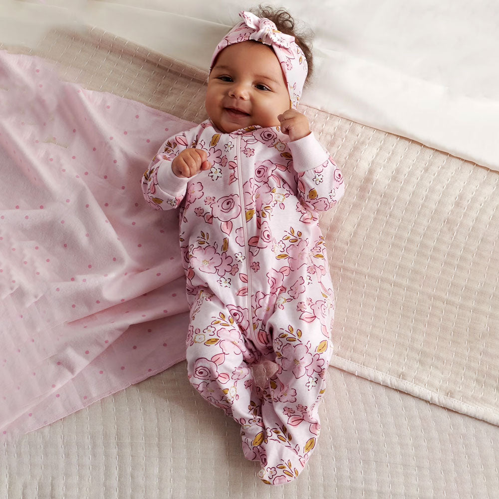 2PCS Charming Floral Printed Zipper Long Sleeve Baby Girl Jumpsuit